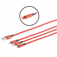 3-fach USB Ladekabel, Micro USB / USB Type C / 8-Pin, rot, 1,2m