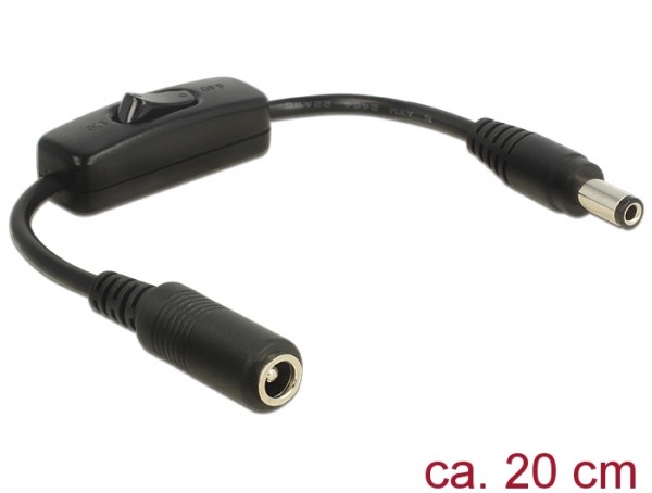 DC Kabel mit Schalter 5,5x2,5mm Stecker - 5,5x2,5mm Buchse 20cm